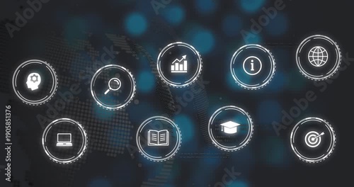 HUD icons appearing after teal bokeh shift, arranging into grid with pulsing segmented rings for UI