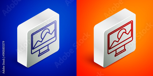 Isometric line Photo retouching icon isolated on blue and orange background. Photographer, photography, retouch icon. Silver square button. Vector