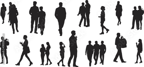 People silhouette collection showing walking standing and talking men and women in various poses isolated on white background vector illustration