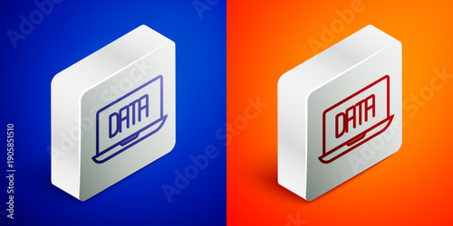 Isometric line Data analysis icon isolated on blue and orange background. Business data analysis process, statistics. Charts and diagrams. Silver square button. Vector