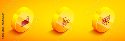 Set Isometric Credit card with lock, Cyber security and Server, Data, Web Hosting icon. Vector