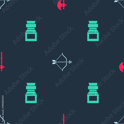 Set Medieval axe, bow and arrow and Poison in bottle on seamless pattern. Vector