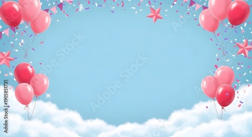 Festive pink balloons and confetti on a clear blue sky background with fluffy white clouds