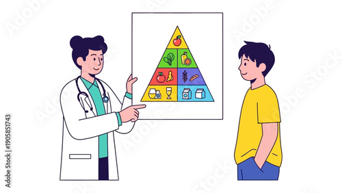 Nutrition guidance: A doctor explains healthy eating to a patient, using a food pyramid to illustrate a balanced diet. It's a snapshot of a conversation about a health and well-being.