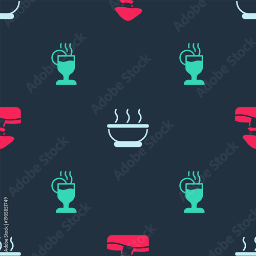 Set Mushroom, Bowl of hot soup and Mulled wine on seamless pattern. Vector