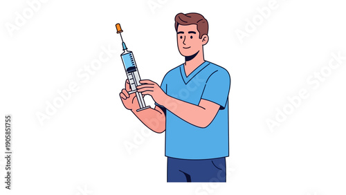 Man with Syringe: A man holds a syringe, medical instrument in a setting. Focused shot of health and treatment. 