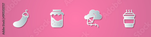 Set paper cut Eggplant, Jam jar, Kite and Coffee cup to go icon. Paper art style. Vector
