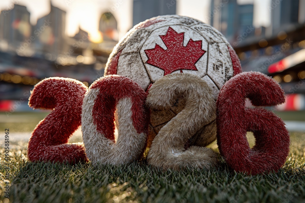 Fototapeta premium Canada 2026 soccer championship concept. Canadian flag texture numbers with red maple leaf and vintage football ball on grass. North America sports tournament background