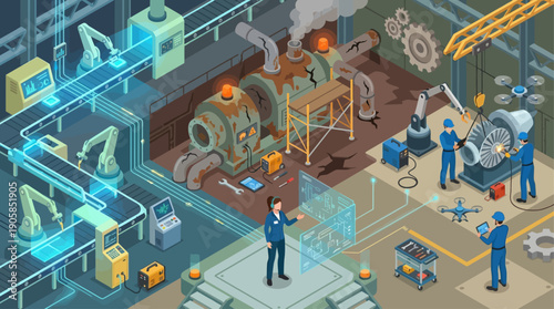 Isometric Industry 4.0 Smart Factory Maintenance Illustration with Robotic Arms, Digital Interface, and Technicians Repairing Industrial Machinery