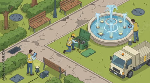 Isometric Vector Illustration of City Park Maintenance Workers Repairing Fountain and Electrical Systems, Urban Infrastructure Management and Public Utility Services