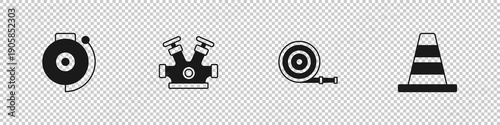 Set Ringing alarm bell, Fire hydrant, hose reel and Traffic cone icon. Vector