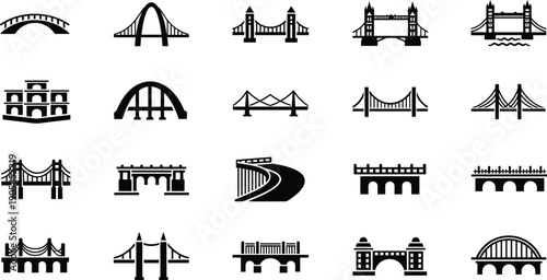 Bridge icon set featuring modern and classic bridge silhouettes, architectural infrastructure symbols in black vector style for transportation, urban design, engineering, and construction projects