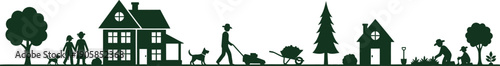 Green silhouette graphic illustration of people gardening and taking care of their homes and gardens