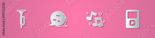 Set paper cut Trumpet, Music note, tone, and player icon. Paper art style. Vector