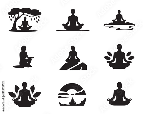 Meditation silhouettes showing person in lotus position practicing yoga mindfulness and spiritual wellness under tree or in nature settings for logos