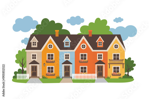 House colorful illustration with white picket fence and trees