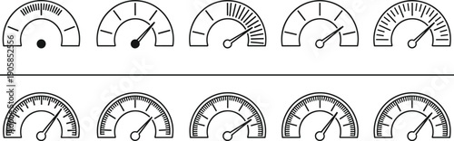 Collection, of, ten, minimalist, linear, speedometer, and, gauge, icons, showing, different, measurement, levels, for, performance, and, speed, concepts, isolated, white, background