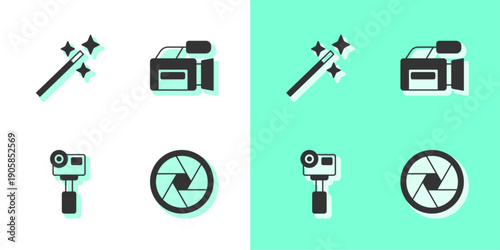 Set Camera shutter, Photo retouching, Action extreme camera and Cinema icon. Vector