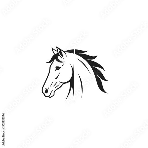 A striking black and white illustration of a horse's head in profile, with a flowing mane.