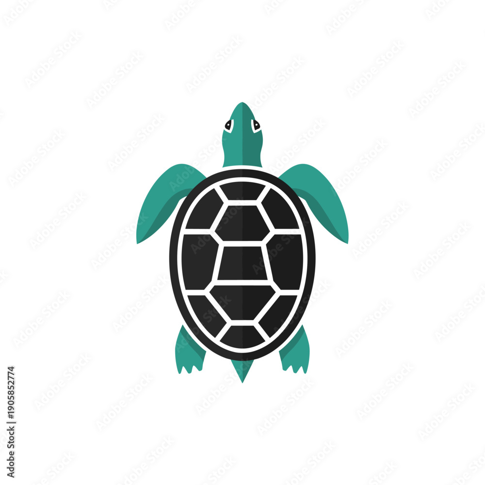 Obraz premium A stylized top-down view of a teal and black turtle with a patterned shell on a white background, representing marine life.