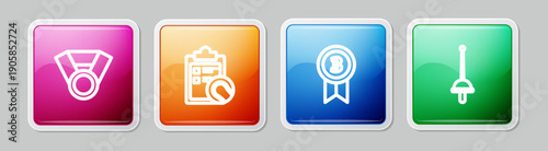 Set line Medal, Checklist clipboard and tennis ball, and Fencing. Colorful square button. Vector
