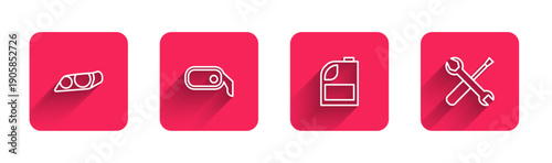 Set line Car headlight, rearview mirror, Canister for motor machine oil and Screwdriver and wrench spanner with long shadow. Red square button. Vector