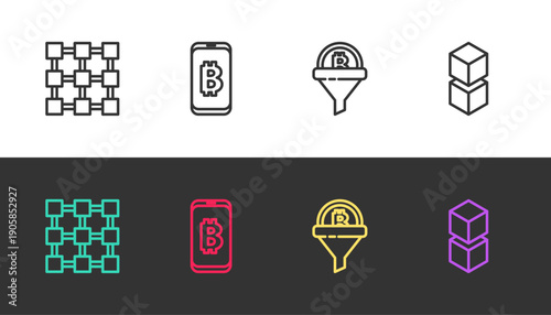 Set line Blockchain technology, Mining bitcoin from mobile, Sales funnel with and on black and white. Vector