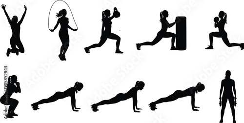 Female fitness silhouette set showing workout exercises including jumping, boxing, lunges, planks, and strength training, black vector icons for gym, wellness, and active lifestyle design