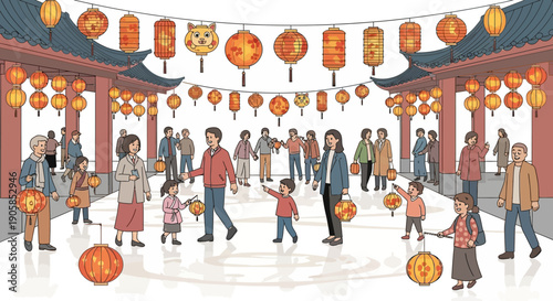 Illustration of a lively Nagasaki Lantern Festival celebration with people of all ages, including a woman, men, boy, and child, surrounded by red lanterns, dragon designs, and Japanese