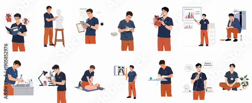 Male medical student or resident doctor engaged in various educational and professional tasks, including studying anatomy, practicing CPR, and reviewing medical data.