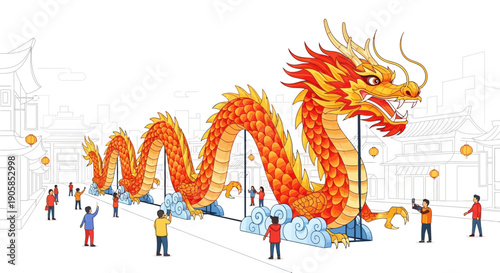 Illustration of a vibrant red and orange dragon lantern at Nagasaki Lantern Festival with people celebrating at night.
