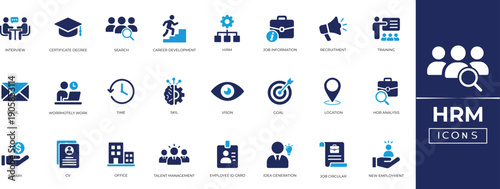 HRM solid icon set. Containing recruitment, interview, CV, employee training, career development. Editable icon collection.