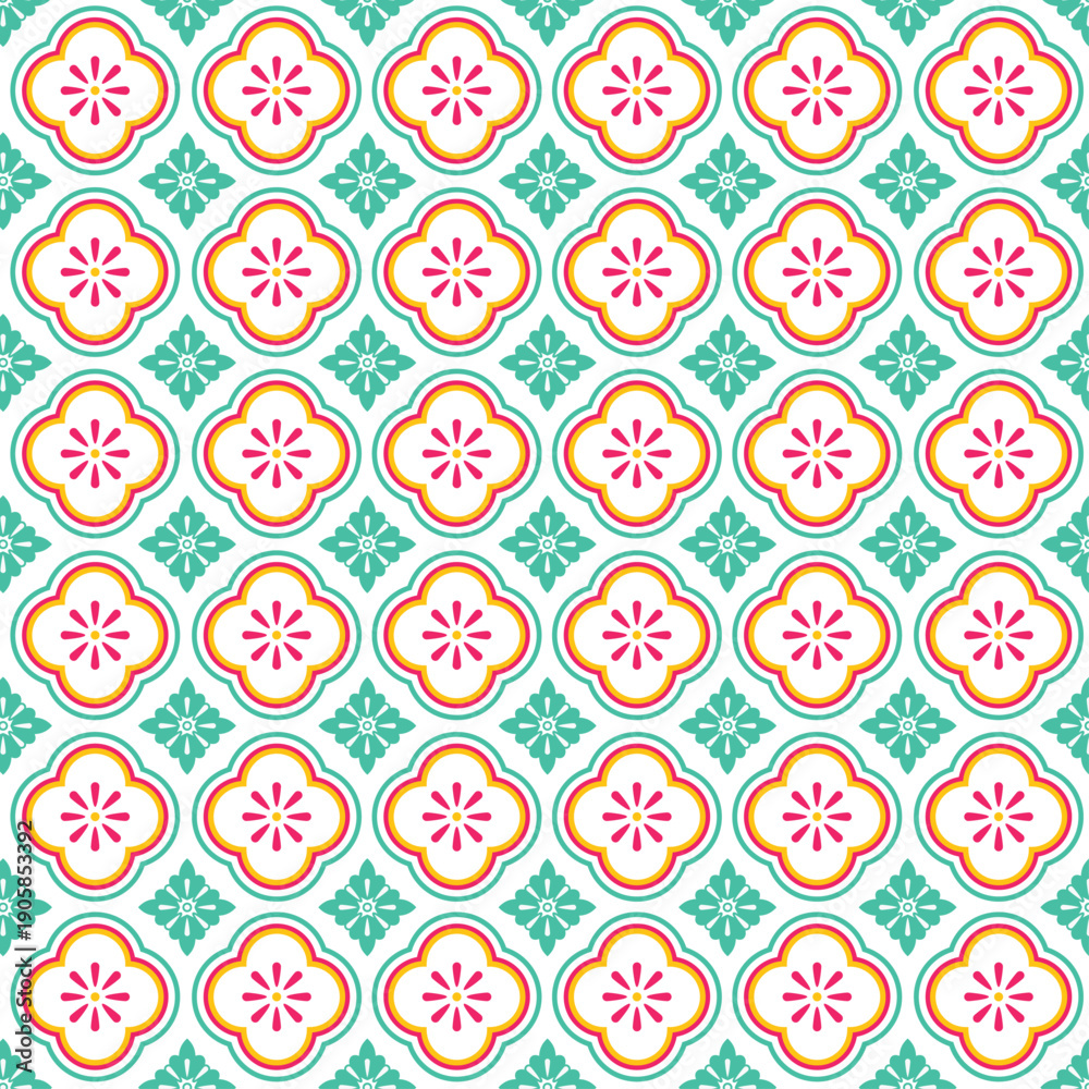 Fototapeta premium Peranakan Pattern Decorative Tile Background Set Seamless Geometric Floral Ornament