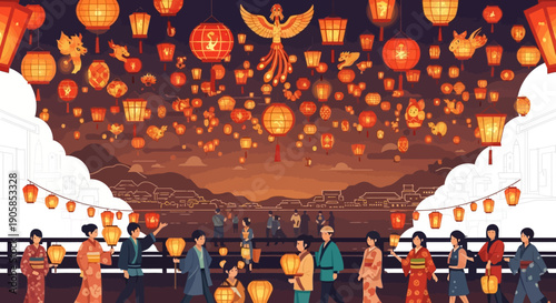 Illustration of a lively Nagasaki Lantern Festival celebration at night with people, lanterns, and a dragon design in red and orange hues.