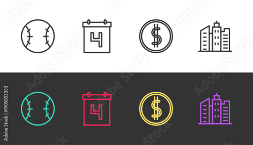 Set line Baseball ball, Calendar with date July 4, Coin money dollar and City landscape on black and white. Vector