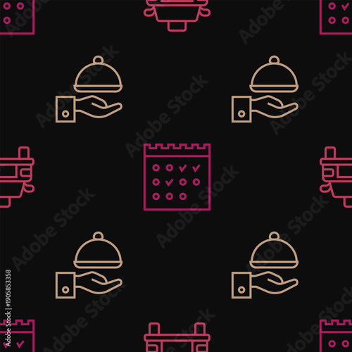Set line Taxi car, Covered with tray and Hotel booking calendar on seamless pattern. Vector