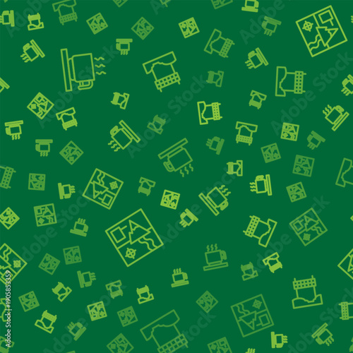 Set line Hot chocolate cup, Folded map and Ribbon in finishing line on seamless pattern. Vector