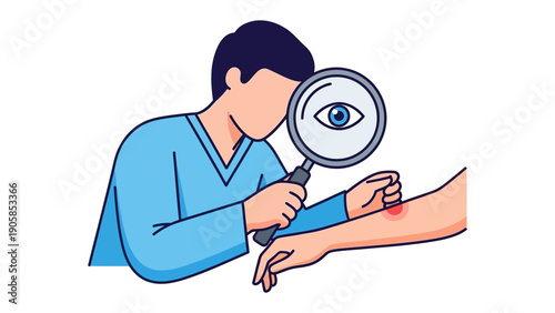 Medical Examination Illustration: An illustrated representation captures a healthcare professional examining an injury with a magnifying glass, focusing on diagnosis and care.