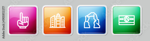 Set line Number 1 one fan hand glove, City landscape, Grand canyon and Stacks paper money cash. Colorful square button. Vector