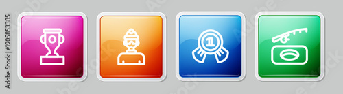 Set line Award cup, Winter athlete, Medal and fishing. Colorful square button. Vector