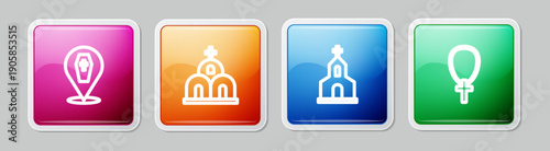 Set line Coffin with cross, Church building, and Christian on chain. Colorful square button. Vector
