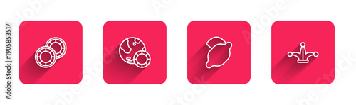 Set line Casino chips, , slot machine with lemon and Joker playing card with long shadow. Red square button. Vector