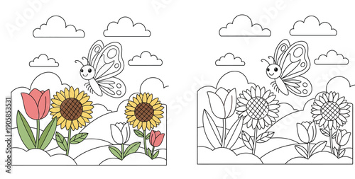 Cute cartoon butterfly flying over sunflowers and tulips. Spring garden nature scene vector illustration with black outline for coloring book.