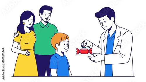 Family Doctor's Visit: A doctor offers a piece of candy to a young boy, while the boy's parents look on. A wholesome scene of child healthcare and gentle reassurance.