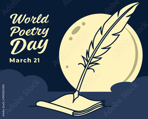 World Poetry Day illustration with moon and feather pen on book March 21