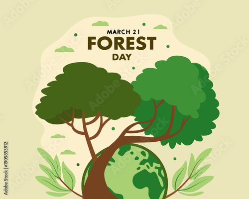 Forest day illustration with trees and globe on earth  environmental conservation concept