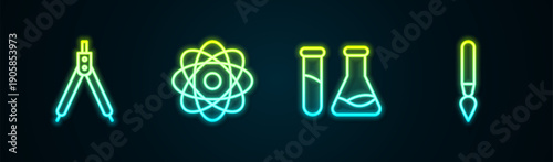 Set line Drawing compass, Atom, Test tube and flask and Paint brush. Glowing neon icon. Vector