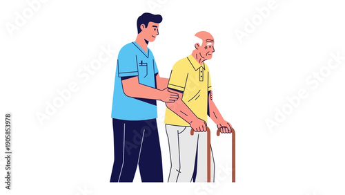 A Helping Hand: A compassionate caregiver provides support to an elderly individual. This illustration captures the essence of caregiving and mutual reliance.