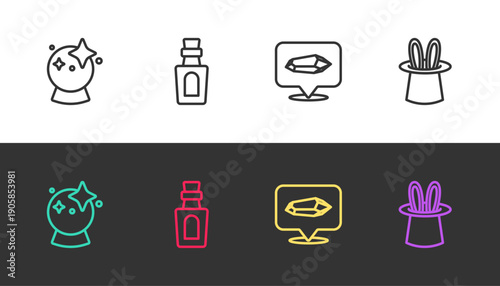 Set line Magic ball, Bottle with potion, stone and Magician hat and rabbit ears on black and white. Vector