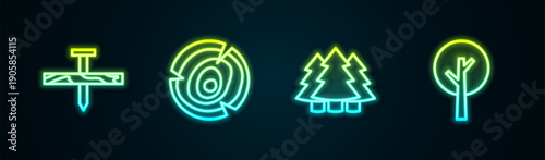 Set line Metallic nail, Wooden logs, Christmas tree and Tree. Glowing neon icon. Vector